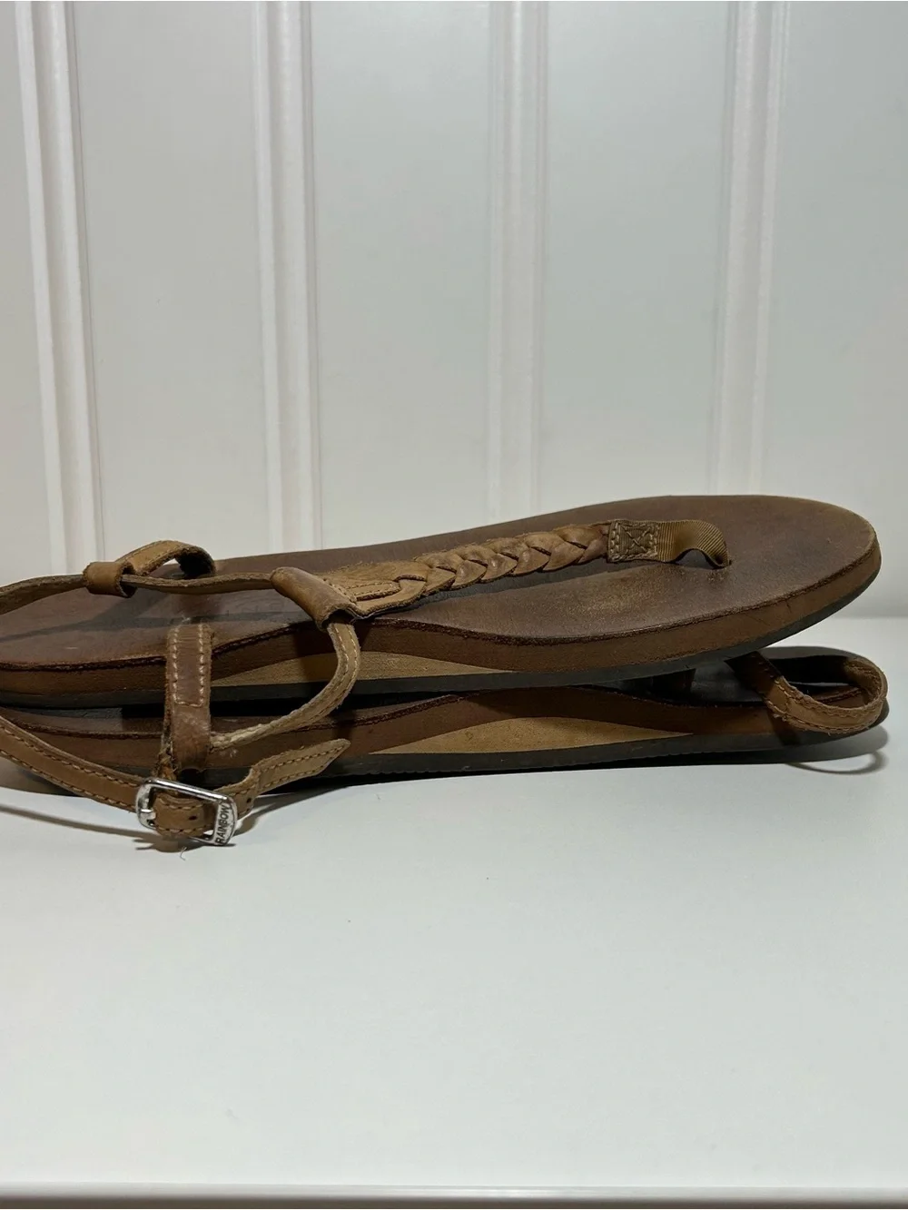 Rainbow thong ankle strap Women’s Brown Leather Braided Toe-Post Sandals